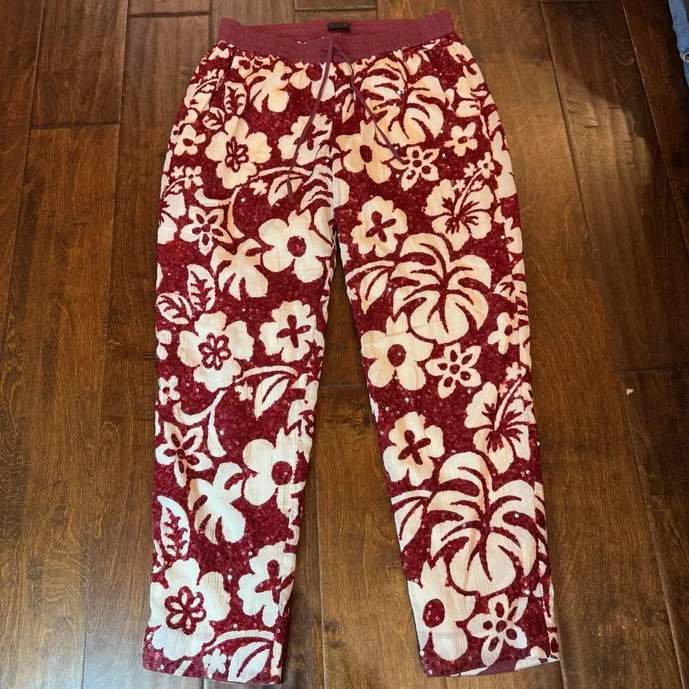 J. Crew Collection Tropical Sequin Pants Hibiscus Floral Burgundy Vacation